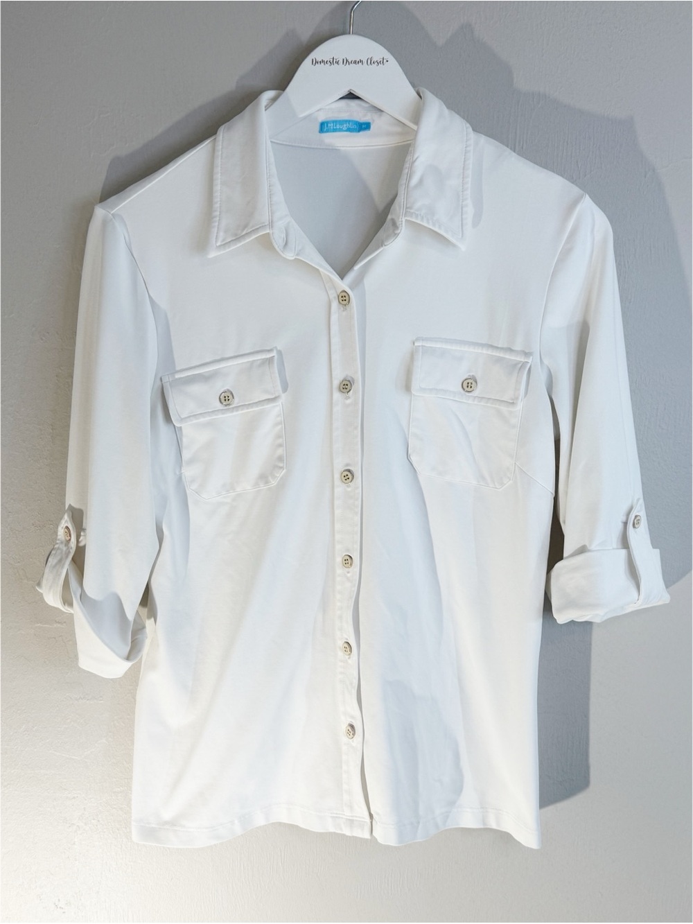 J MCLAUGHLIN Women's White Button Up 3/4 Sleeve Catalina Cloth Blouse Shirt Sz M